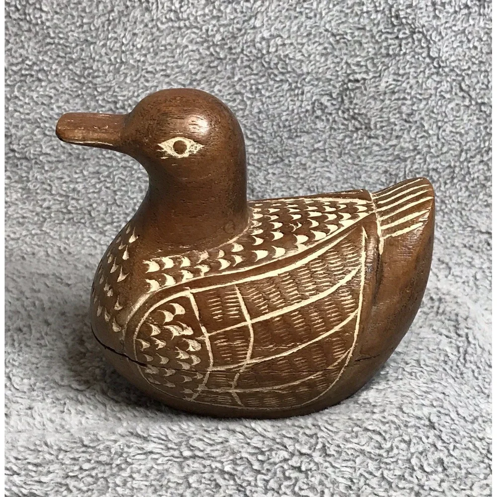 Vintage Hand Carved Wood Duck Bird Trinket‎ Box Folk Art Primitive Jewelry Box